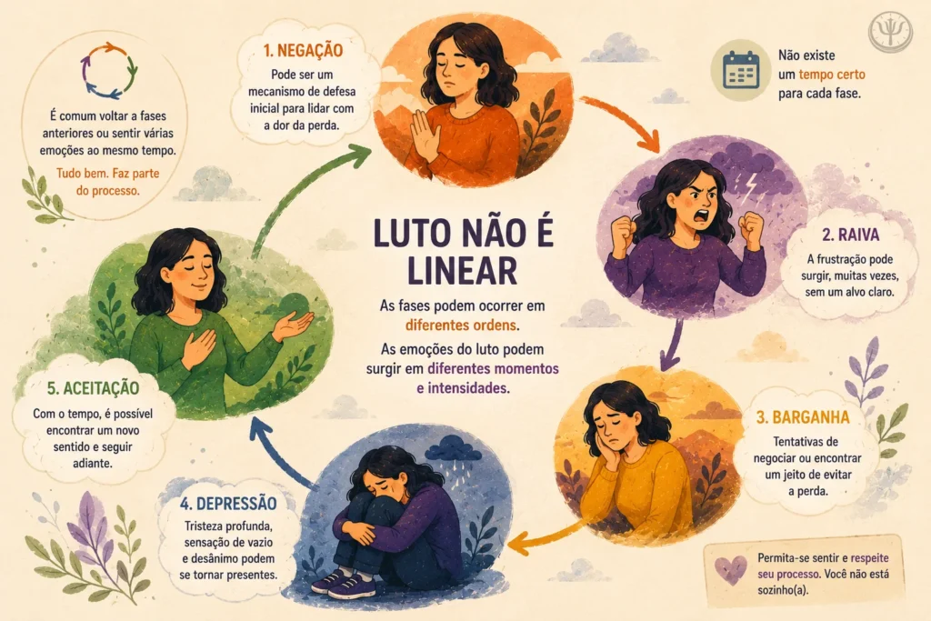 Fluxo circular ilustrando que as 5 fases do luto podem ocorrer em diferentes ordens.